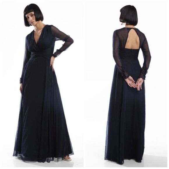 ASOS Navy Blue V-Neck Semi Sheer Evening Maxi Gown Dress - Picture 1 of 10